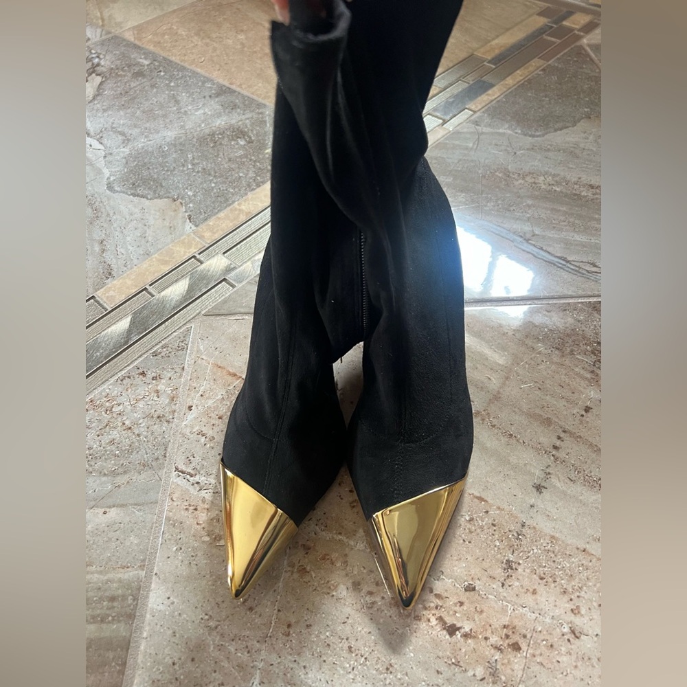 Schutz booties with gold pointy toe